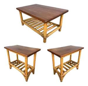 1950s Restored Child Size Floating "Ladder" Rattan Coffee & Side Table Set of 3