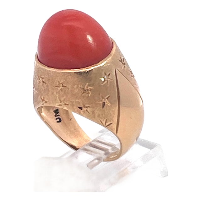 1940s Yellow Gold Mediterranean Coral Cocktail Ring, Unique Design, Size 6.5 For Sale