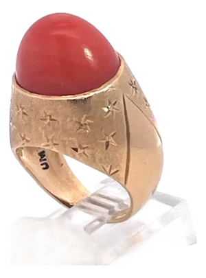 1940s Yellow Gold Mediterranean Coral Cocktail Ring, Unique Design, Size 6.5