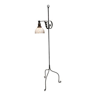 Early 20th Century Wrought Iron American Bridge Floor Lamp With Acid-Etched Shade For Sale