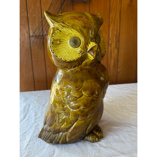 Stunning Yellow Ceramic Owl Pottery. Look at the details - the eyes, the beak. signed "Ostie" A.P.O.M.A.