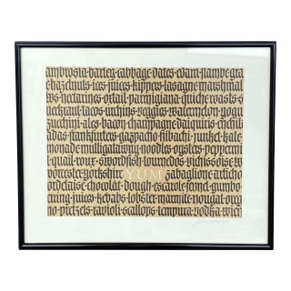 1980s Julian Waters (B. 1957) Signed Calligraphy "Yum" World Foods Culinary Print, Cooper Union, National Geographic Magazine For Sale