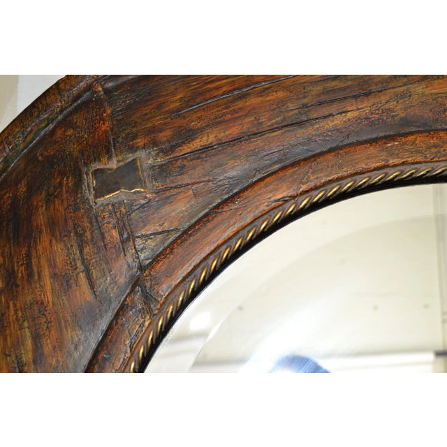 Metal 1990s Arts and Crafts Style Rustic Round Fiberglass Beveled Wall Mirror Bronze Brown Finish For Sale - Image 7 of 12