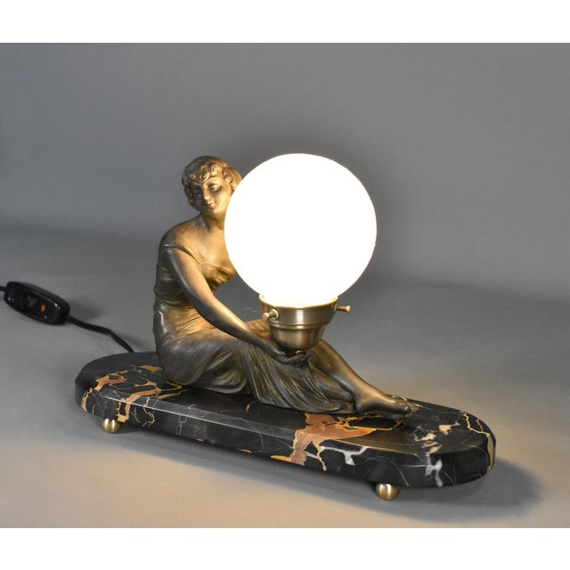 French Art Deco Lamp with Lady and Glass Globe Shade, 1920s For Sale - Image 12 of 16