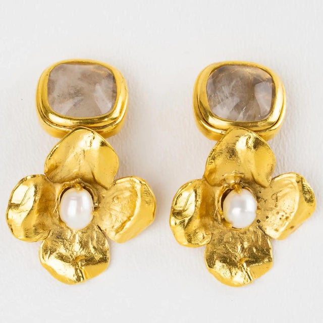 Robert Goossens Gilded Metal Floral Clip Earrings with Pearls and Rock Crystal For Sale - Image 4 of 8
