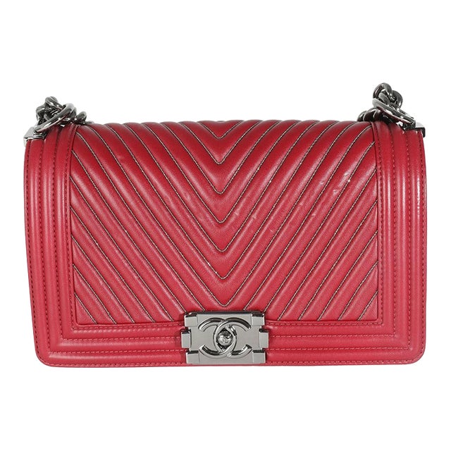 Burgundy Chevron Calfskin Chain Medium Boy Bag For Sale