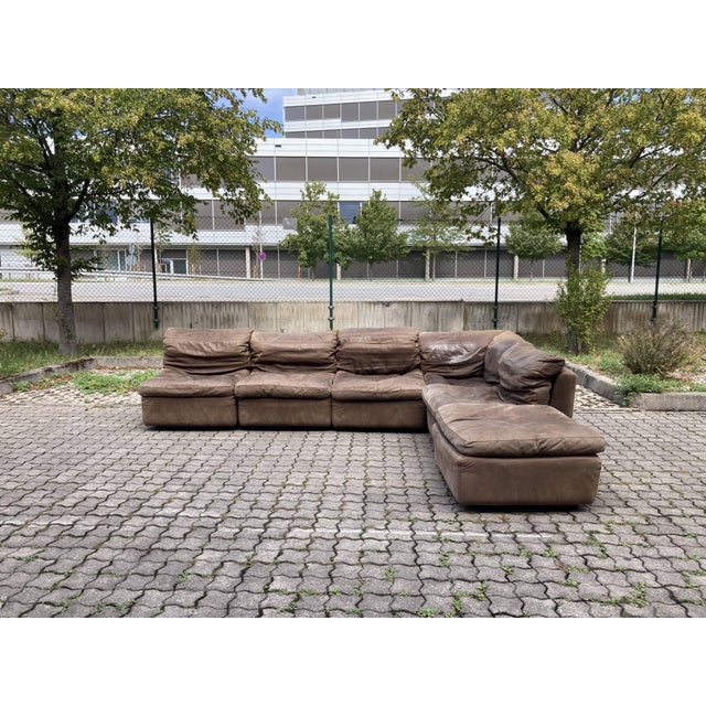 Brown Vintage Brown Leather Sofa from Rolf Benz, 1970s, Set of 6 For Sale - Image 8 of 18