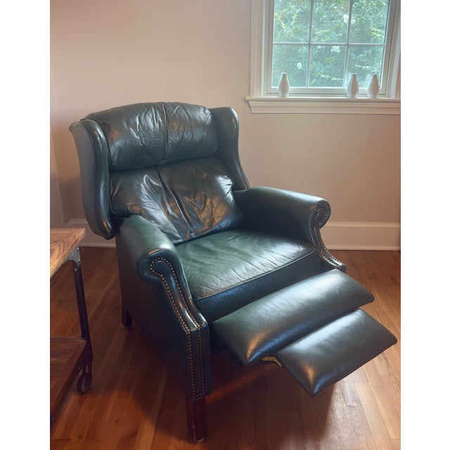 Bradington-Young Chippendale genuine green leather recliner with wood legs and brass studs. Perfect for an office or...