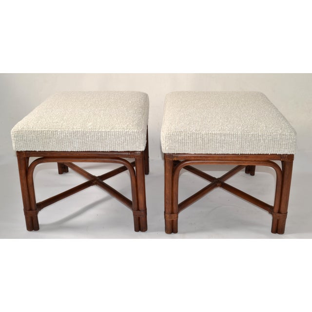 Pair of 1970s McGuire Attributed Bamboo Wood Bouclé Fabric Upholstery Ottomans Mid-Century Modern For Sale - Image 11 of 13