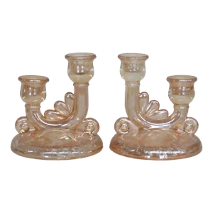 Jeannette Glass Floragold Louisa Orange Double Candle Stick Holders a Pair