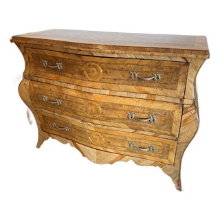 Antique Italian Baroque Style Inlaid Burl Walnut Bombé Commode For Sale
