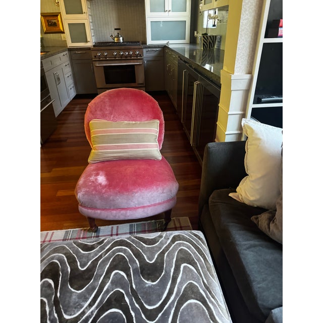 Vintage Pink Velvet Slipper Chair Features a Rounded Back and Mahogany Legs With Casters, Similar Style to French Louis XVI Accent Seating For Sale In Portland, OR - Image 6 of 10