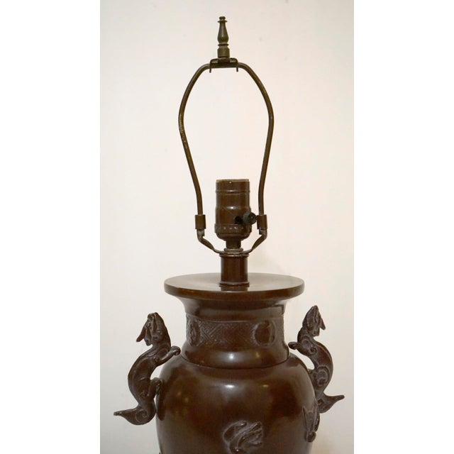 Vintage Patinated Brass Meiji Style Elephant and Dragon Lamp For Sale - Image 11 of 13