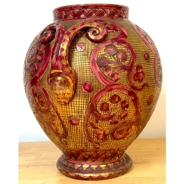 Large Italian Aretini Pottery Vase, Red & Gold Enamel Relief Decoration, Arezzo For Sale - Image 13 of 18