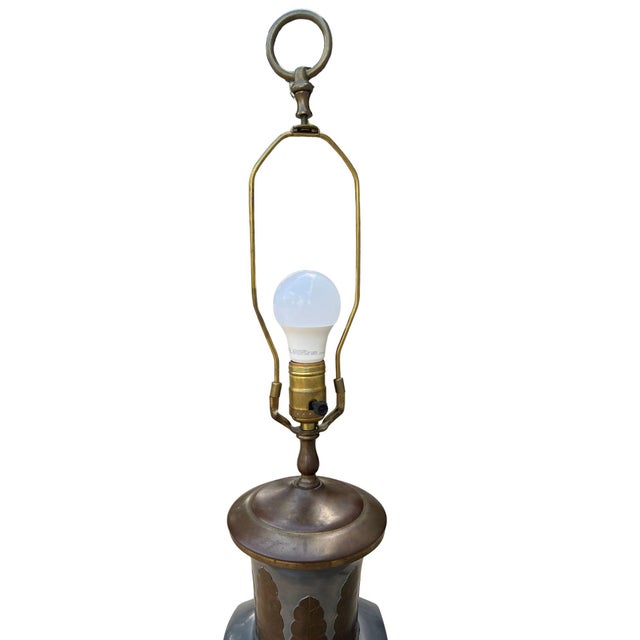Vintage Chinoiserie Pewter and Brass Urn Table Lamp With Snakeskin Embossed Shade For Sale - Image 11 of 13