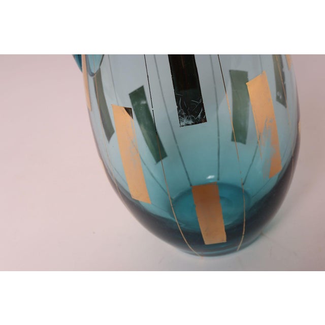 Vintage Hungarian Hand Blown Blue Crystal Glass Pitcher With Gold Leaf Accents For Sale - Image 15 of 15