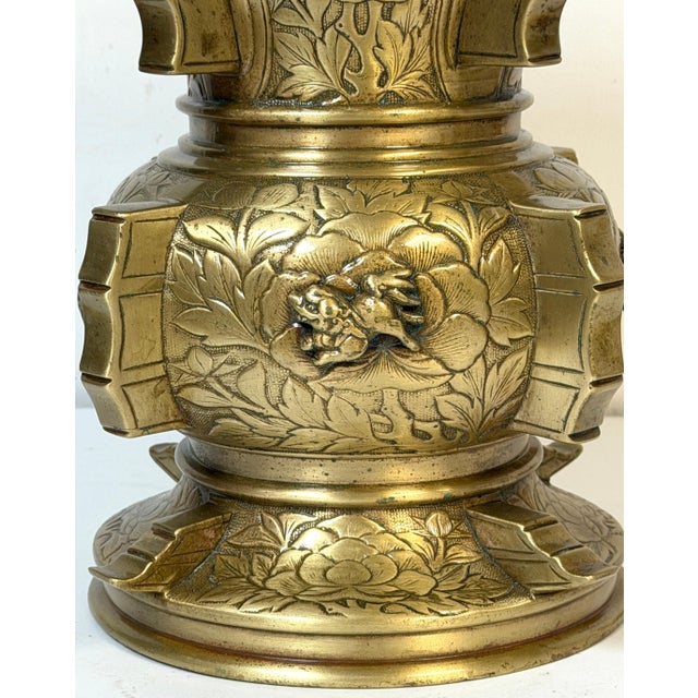Mid-Century Modern Pair of Monumental Meiji Period Gilt Metal Censors/ Vases For Sale - Image 3 of 18