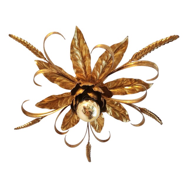 Hollywood Regency Florentine Flower-Shaped Gilt Flush Mount attributed to Hans Kögl, Italy, 1960s For Sale