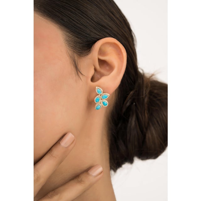 Contemporary 2.29ct Pear Cabochon Turquoise & Diamond Floral Stud Earrings in 14k Gold- A Pair For Sale - Image 3 of 12