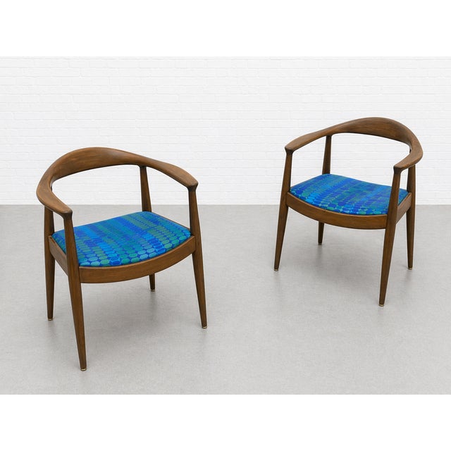 Vintage Mid Century Modern Walnut Lounge Chairs – Hans Wegner Style – Pair of Refinished and Reupholstered Armchairs, C. 1960's For Sale - Image 9 of 14