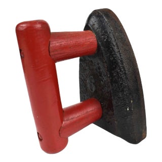 Mid 20th Century Cast Iron Stove Top Iron Model Doorstop Paperweight Bookend With Wooden Handle For Sale