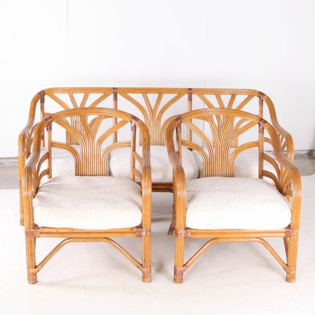 Wood Floral Palm Rattan Lounge Set, 1970s, Set of 3 For Sale - Image 7 of 15