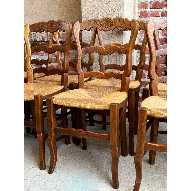 Set 8 Antique French Country Dining Chairs Carved Oak Rush Seat Ladder ...
