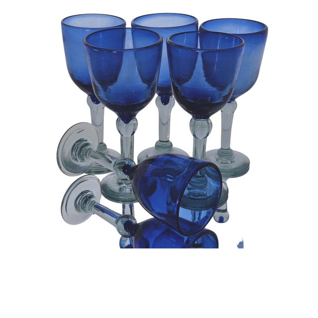 Late 20th Century Late 20th Century Mexican Hand-Blown Cobalt Blue Wine Goblets With Aqua Stems 8" - Set of Six For Sale - Image 5 of 15