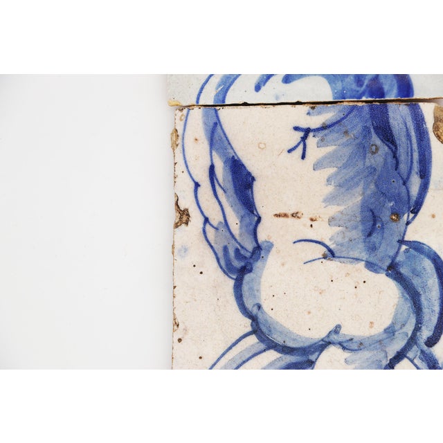 18th Century Set of Four Tiles Depicting a Cherub Holding a Baroque Torchiere For Sale - Image 4 of 10