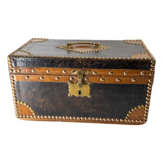 20th Century French Studded Leather Document Box With Paper Lined Interior For Sale
