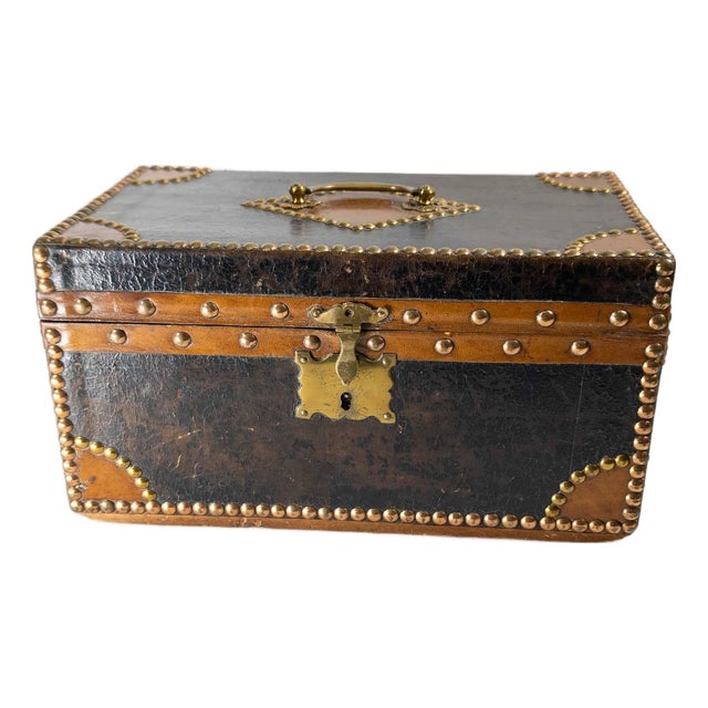 20th Century French Studded Leather Document Box With Paper Lined Interior For Sale