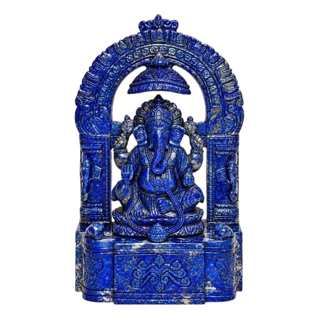 Finest Lapis Lazuli Ganesha 8.5" Hand Carved Gemstone Indian God Sculpture For Sale