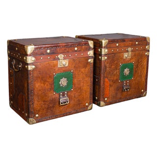 Pair of Late Vintage Officer's Campaign Trunks, English, Leather, Nightstand For Sale