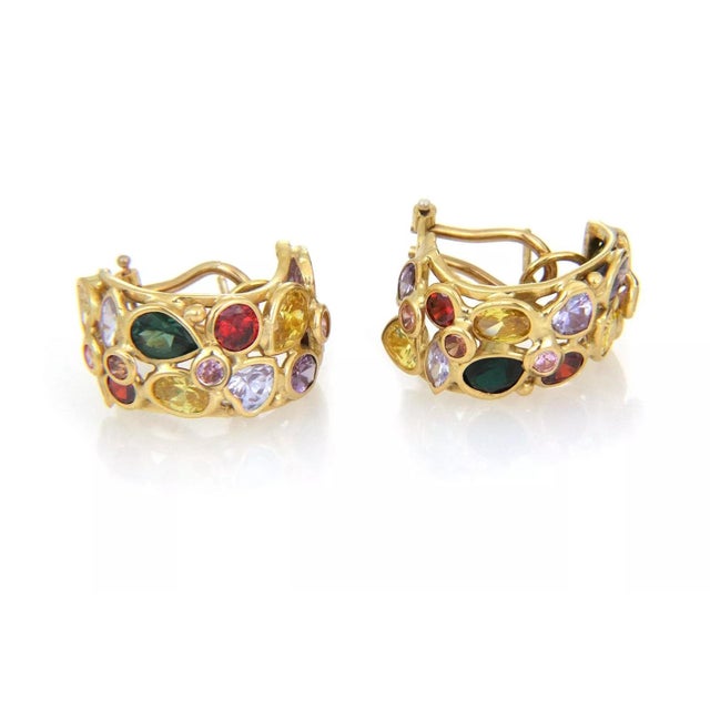 1990s Bracelet Earring Multicolor Stones 18k Yellow Gold Cushion Link set - 3 Pieces For Sale - Image 5 of 10