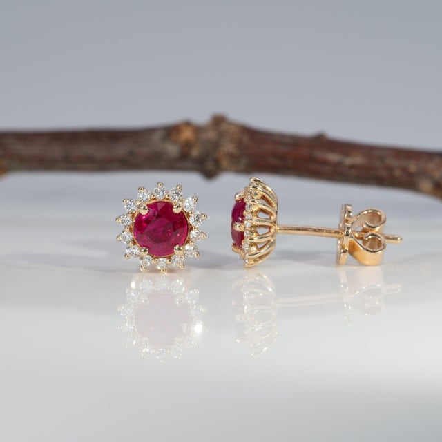 2020s Aa Burma Ruby Earrings With Earth-Mined Diamond Accents in Solid 14k Gold, 5mm For Sale - Image 5 of 8