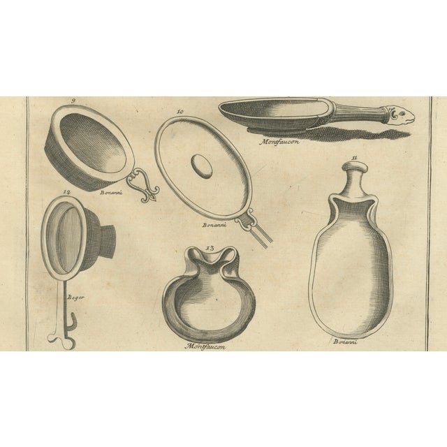 Bernard de Montfaucon, Roman Mirrors, Vessels & Mythological Antiquities, 1721, Engraving For Sale - Image 6 of 9