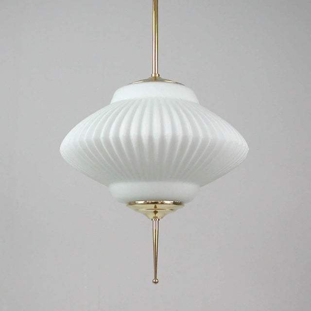 Mid-Century Modern Ribbed Milk Glass and Brass Globe Pendant from Stilnovo For Sale - Image 6 of 18