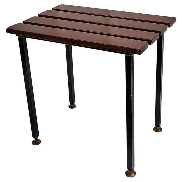 Metal Mid-Century Modern Italian Metal Base Brass Feet Wooden Slat Stool, 1970s For Sale - Image 7 of 7