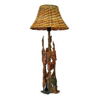 Mid-Century Scandinavian Brutalist Table Lamp in Copper and Rattan, Sweden, 1960s For Sale