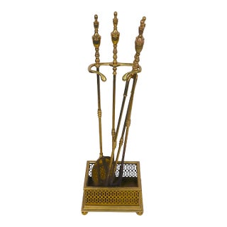 Vintage Brass Fireplace Tool Set- 5 Pieces For Sale
