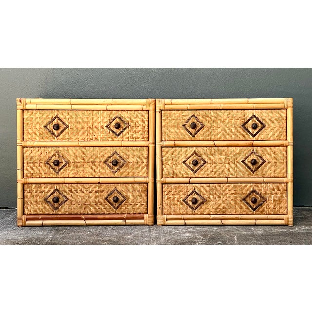 Wood Vintage Woven Diamond Rattan Chests - A Pair For Sale - Image 7 of 12