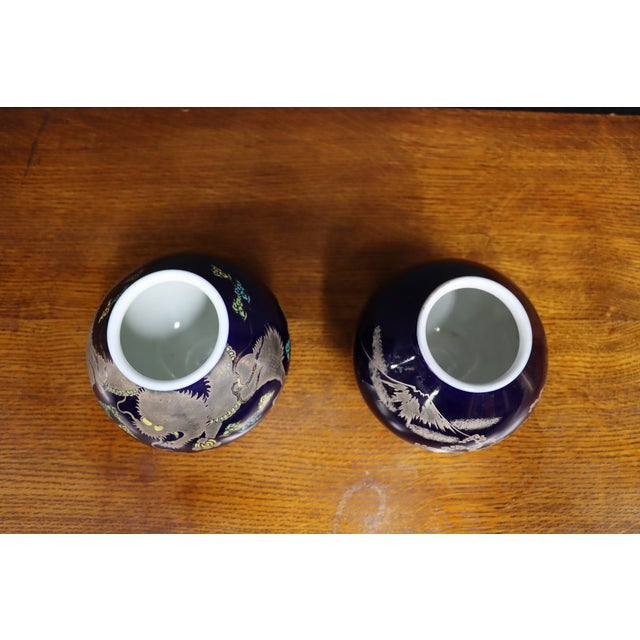 Early 20th Century Pair of Japanese Cobalt Blue Porcelain Vases With Copper Overlay For Sale - Image 5 of 12