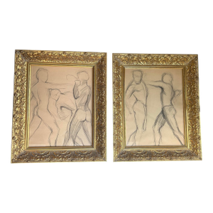 1940’s Two Original Male Nude Figures Study Drawings - Set of Two