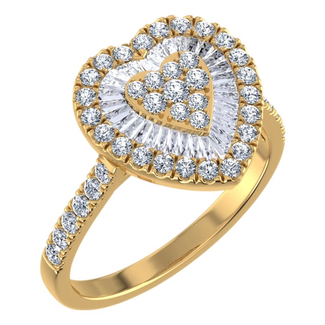 14K Yellow Gold Round Baguette Diamond Heart Shape Womens Sz 7 Designer Ring 1 Cttw For Sale