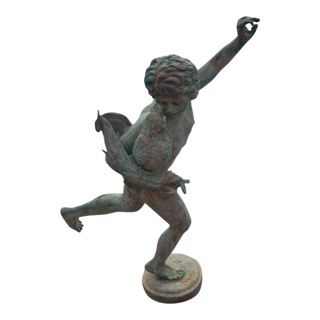 Early 20th Century Vintage Idyllic Metal Garden Cherub Statue For Sale