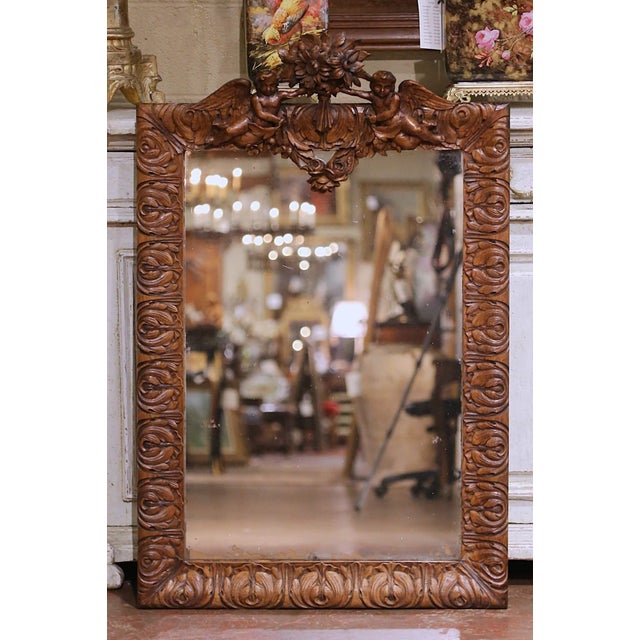 Late 19th Century 19th Century French Louis XV Carved Oak Wall Mirror With Cherub and Floral Decor For Sale - Image 5 of 9
