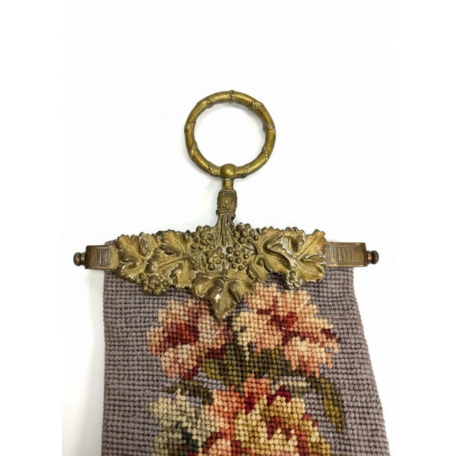 Vintage Floral Needlepoint Bell Pull With Ornate Grape & Vine Hardware For Sale In Greensboro - Image 6 of 10
