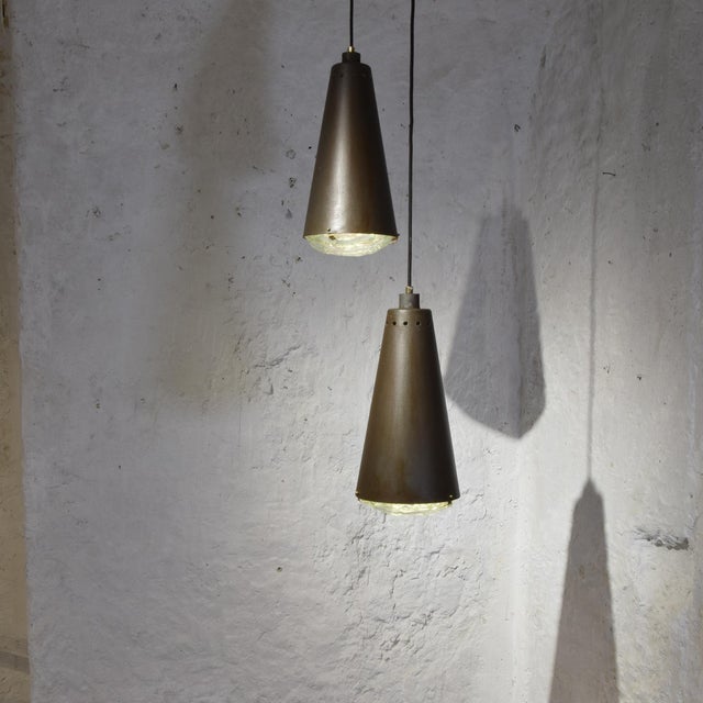 Pendant Lights with Fontana Arte Faceted Crystal Diffuser and Corten-Effect, 1990s, Set of 2 For Sale - Image 4 of 15