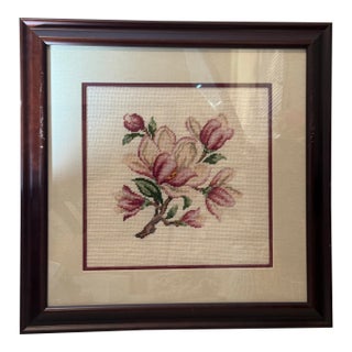 Vintage Framed Cross Stitch Magnolia Flower Botanical Art 23"x23" Professionally Framed Needlepoint Embroidery For Sale
