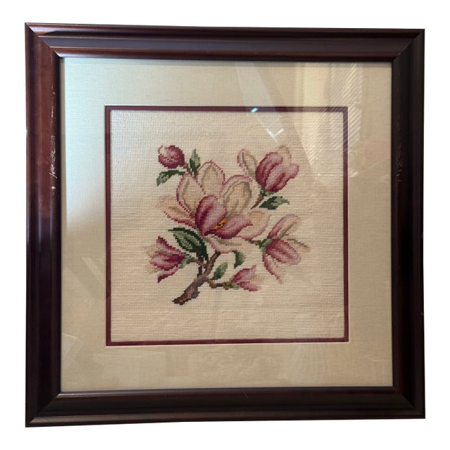 Vintage Framed Cross Stitch Magnolia Flower Botanical Art 23"x23" Professionally Framed Needlepoint Embroidery For Sale